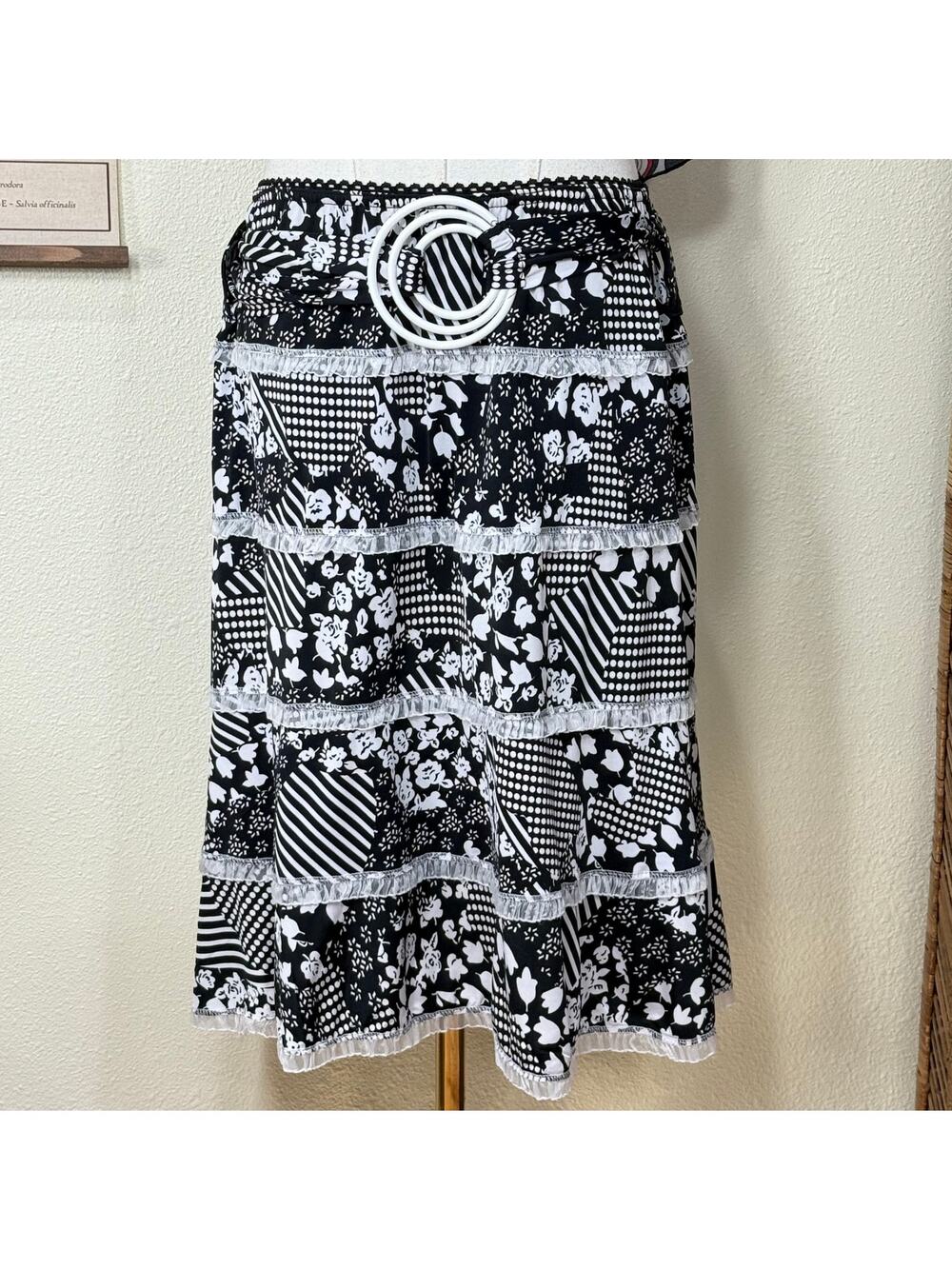 90s Y2k Floral Dot Ruffle Tiered Belted Skirt Dark Coquette Retro Rockabilly M